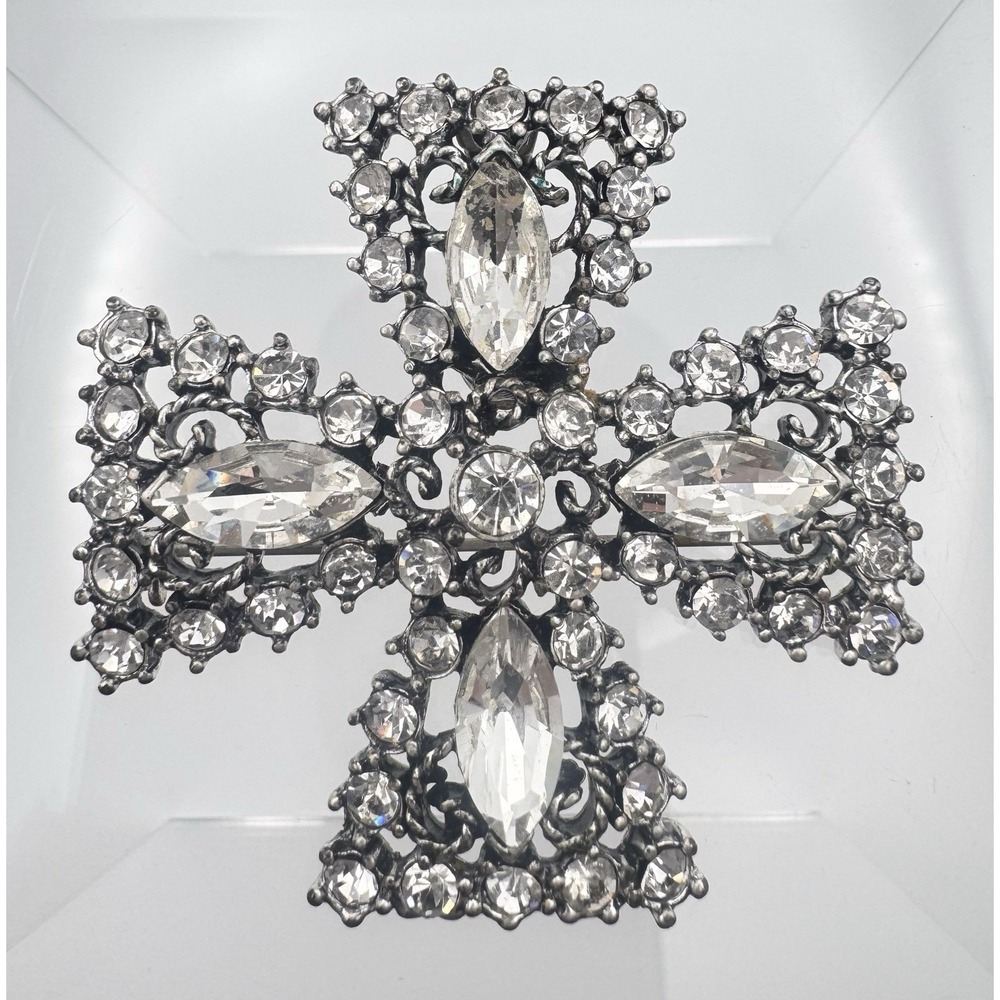 LC Crown Mark Vintage Rhinestone Maltese Cross Brooch Silver Tone Pin 2.5 "
